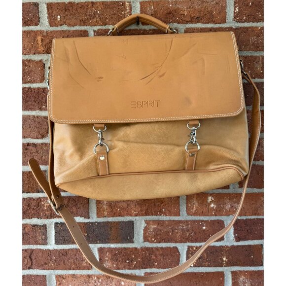 Esprit Tan Leather Messenger Laptop Bag - Picture 1 of 10